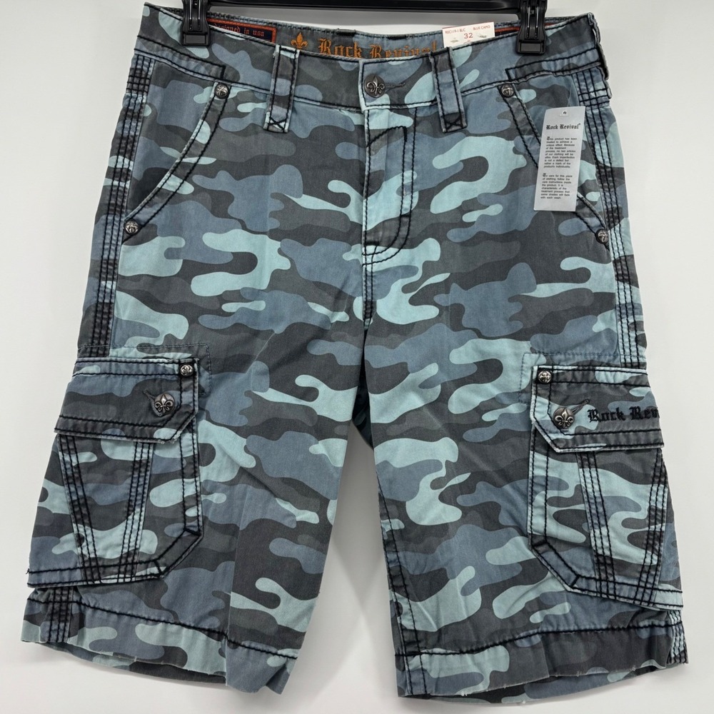 Rock Revival Blue Camo Classic Cargo Shorts Men 32 Buckle Exclusive Fleur-de-lis